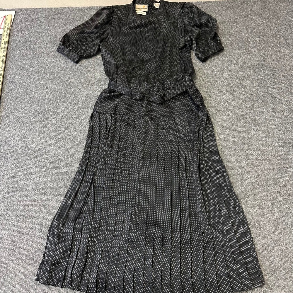 Liz Claiborne Dress Womens Size 10 Black Polka Dot Pleated Puff Sleeve Vintage